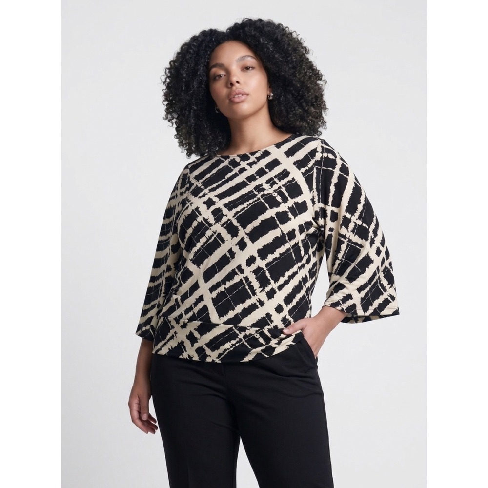 Women's Chicos Black Cream Abstract Grid Print Bell Sleeve Top Size 2 Large EUC